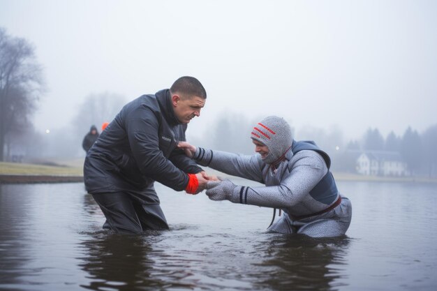 Foto un valiente guardabosques rescata a un nadador aficionado en aguas heladas durante la conmemoración del bautismo en minsk be