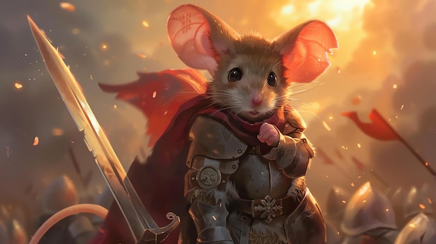 Un valiente ratón se alza en medio de la batalla sus pequeños pero decididos ojos brillan de coraje