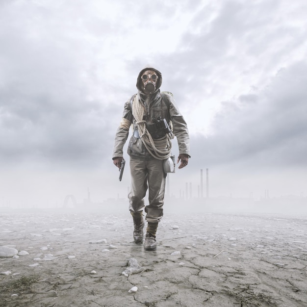 Valiente soldado con máscara de gas caminando en un paisaje post atómico