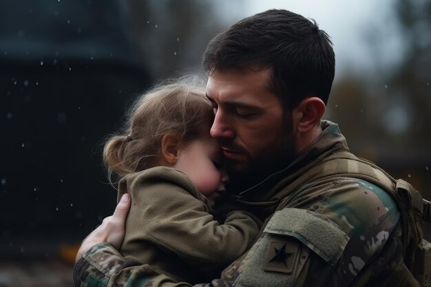 Valiente soldado sostiene con ternura a un niño pequeño en sus brazos