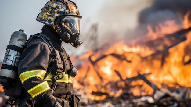 Valientes bomberos que trabajan juntos para apagar un gran incendio en una concurrida zona urbana