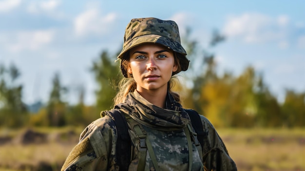 Valientes mujeres soldados con uniformes de camuflaje en el campo