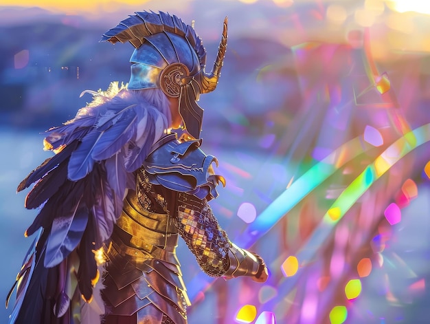 Valkyrie Feathered Armor Guerreiro mítico descendo de Asgard de pé na ponte do arco-íris Bifrost Horário de Ouro realista Profundidade de Campo Efeito Bokeh Fotografia em close-up