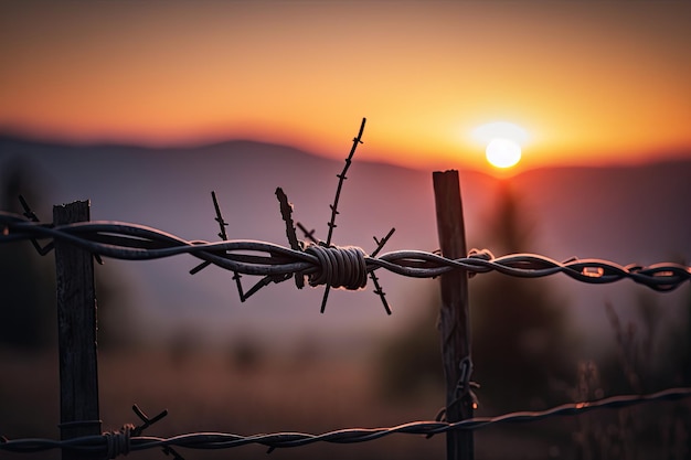 Valla de alambre de púas con puesta de sol borrosa en el fondo