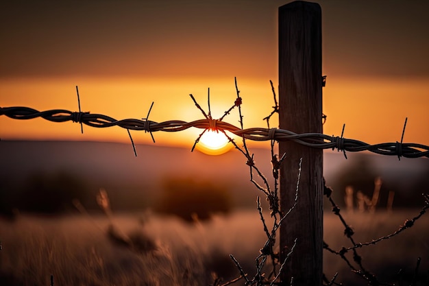 Valla de alambre de púas con puesta de sol borrosa en el fondo