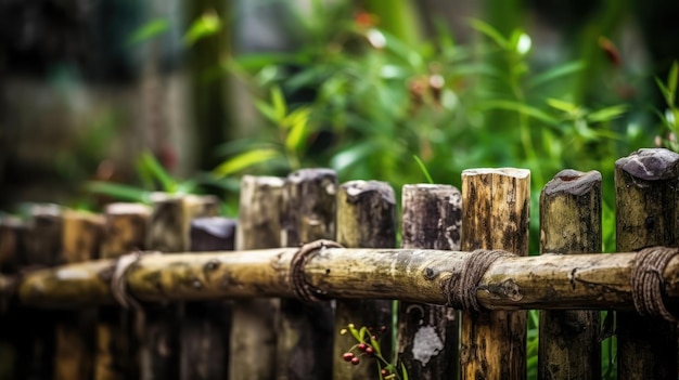 Valla de bambú con una planta verde al fondo