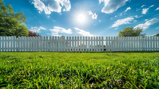 Foto una valla blanca con hierba verde y sol en el fondo