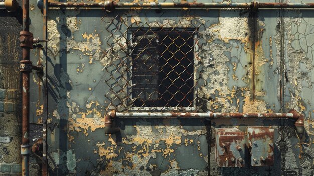 Una valla de cadena rota y oxidada con pintura desprendida que protege un edificio de hormigón en ruinas con