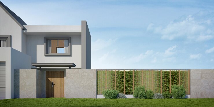 La valla de la casa moderna con el fondo del cielo azul del espacio de copia3d renderización