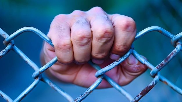 Foto la valla de enlace de cadena con la mano simboliza la fuerza de los límites de seguridad y el confinamiento concepto simbolismo de la valla de vínculo de cadena fuerza de los limites de seguridad