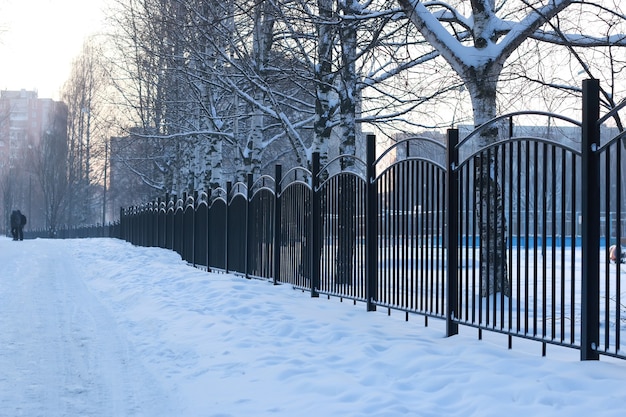 Valla de hierro de paisaje de invierno al atardecer