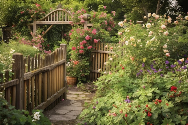 Valla de madera con enrejado rodeada de exuberante vegetación y flores florecientes