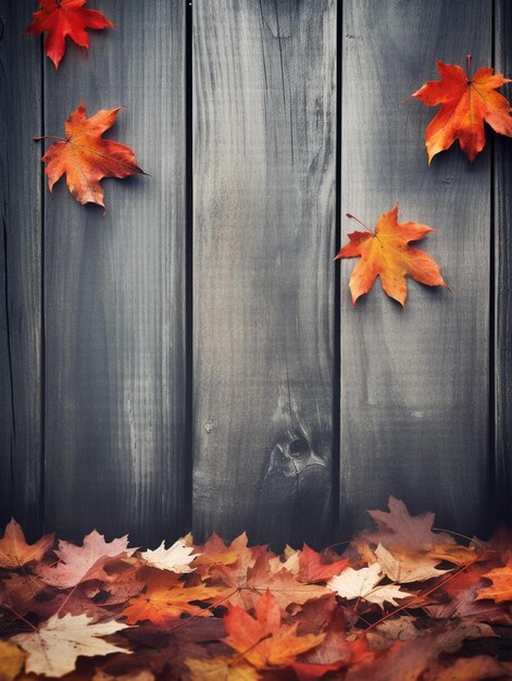 una valla de madera con hojas de otoño en ella