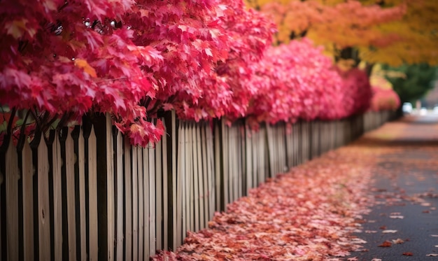 Valla de madera larga con árboles hojas coloridas Hermoso otoño IA generativa