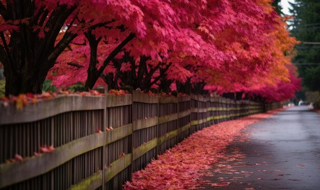 Valla de madera larga con árboles hojas coloridas Hermoso otoño IA generativa