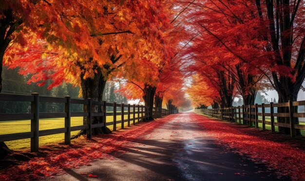 Valla de madera larga con árboles hojas coloridas Hermoso otoño IA generativa