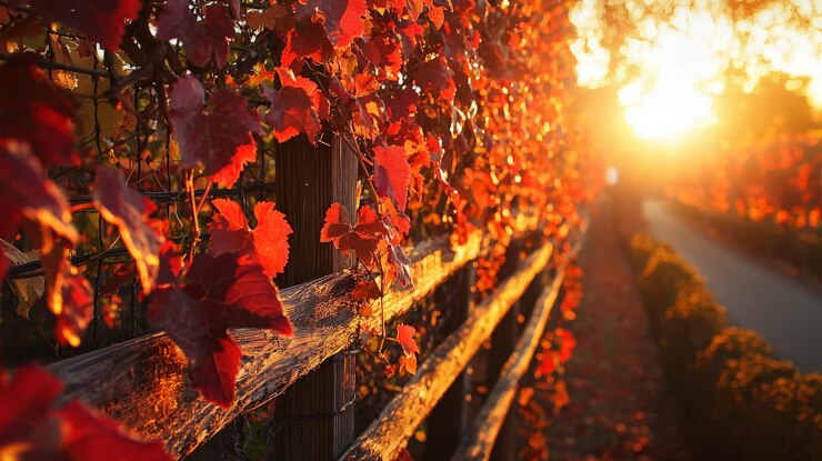 Una valla de madera rústica con hojas rojas vibrantes subiendo la valla iluminada por el cálido resplandor del sol poniente