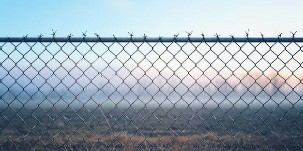 Foto valla de malla de alambre de hierro con postes instalación de lente de ángulo ultra amplio realismo luz del día blanca