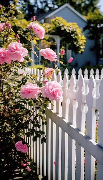 una valla de palos blancos rodeada por un fondo soleado de flores rosas