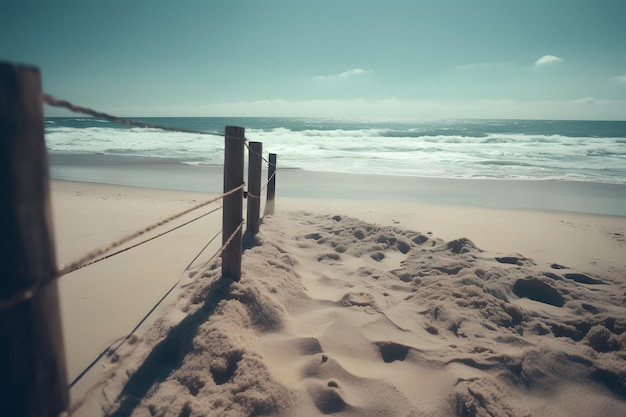 Una valla en la playa con una playa al fondo.