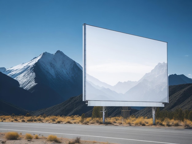 Una valla publicitaria al costado de una carretera con montañas al fondo.