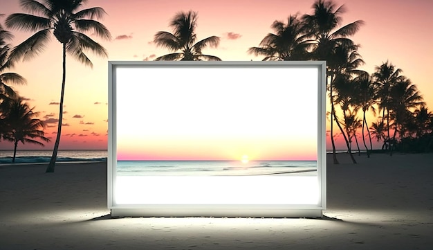 Valla publicitaria en blanco con el paisaje de playa tropical durante la puesta de sol IA generativa