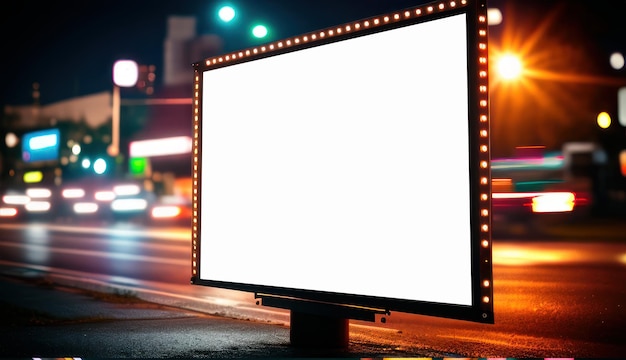 Una valla publicitaria en una calle de la ciudad con luces a los lados.