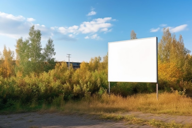 Una valla publicitaria en un camino rural con árboles al fondo