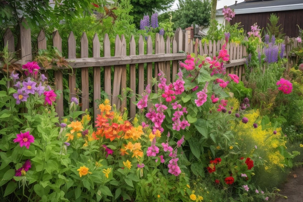 Valla rodeada de vibrante mezcla de flores y vegetación