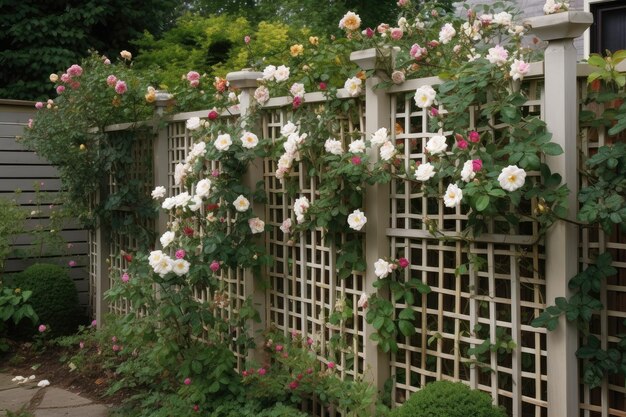 Valla con rosas trepadoras y enrejado a un lado