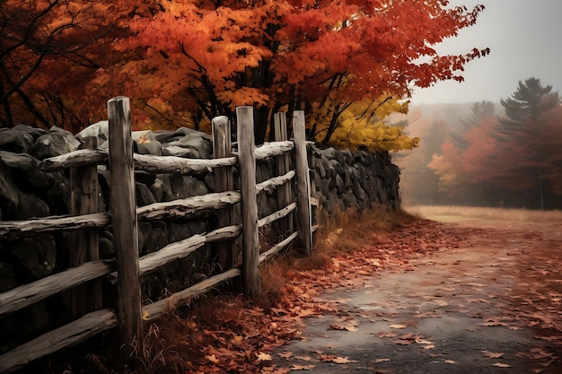 Una valla rústica cubierta de follaje de otoño