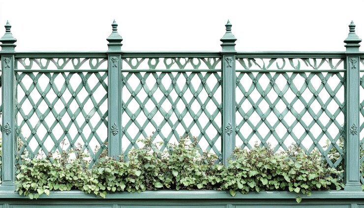 una valla con una valla verde con un plantador en ella