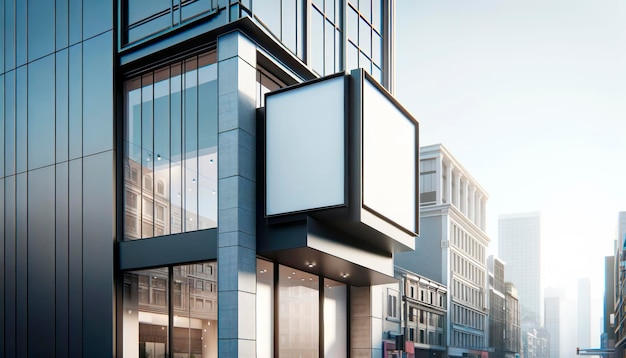 Vallas publicitarias en blanco en la fachada de un edificio moderno con un paisaje urbano en el fondo concepto de espacio publicitario al aire libre IA generativa