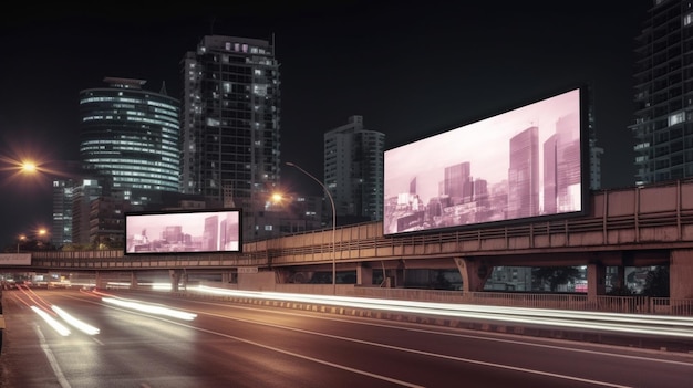 Vallas publicitarias en una carretera con una ciudad al fondo