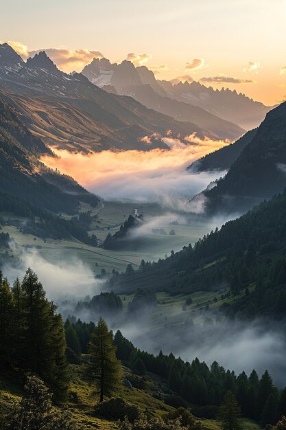 Foto un valle con árboles y nubes