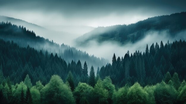 Valle brumoso de tonos fríos cubierto de pinos