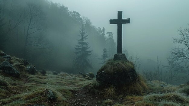 Foto un valle cubierto de niebla con una cruz solitaria en el fondo