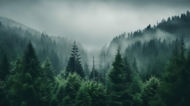 Foto un valle enfriado y brumoso cubierto de pinos