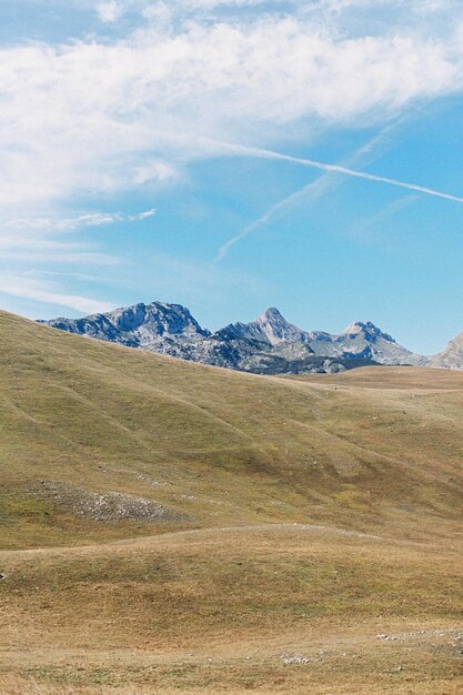 Valle con hierba seca en el contexto de altas cadenas montañosas