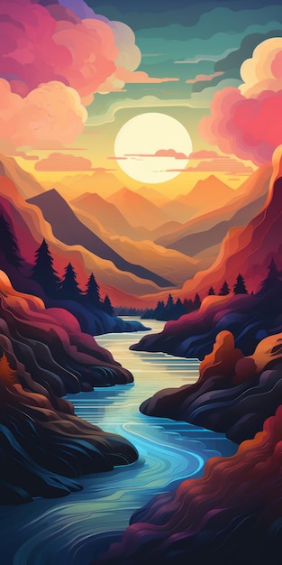 Valle de ilustración de paisaje colorido con bosque y dunas