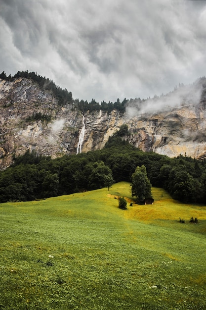 Valle de Lauterbrunnen Suiza cascada bosque prado nubes bajas en las montañas de los Alpes suizos