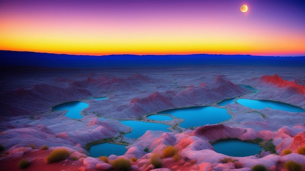 Foto valle de la luna con un lago de cristal una mirada mágica al paisaje de un mundo de fantasía con belleza única generada por ia creativa