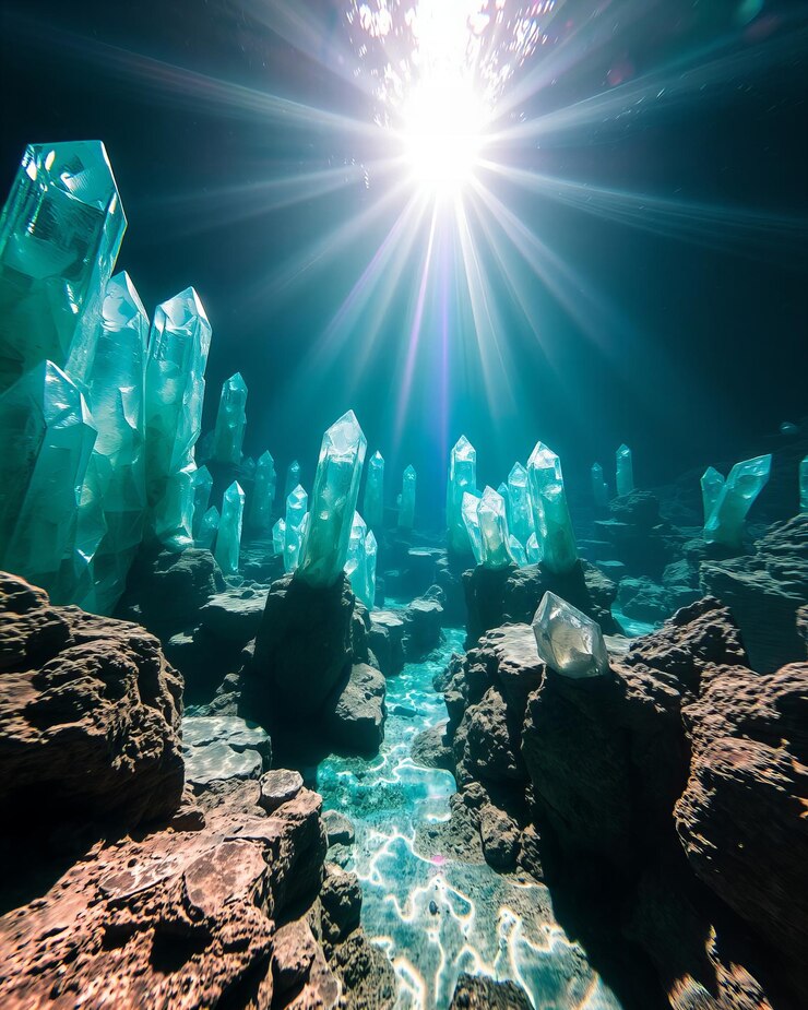 Valle marciano con estructuras de cristal gigantescas que reflejan la luz solar proyectando rayos coloridos