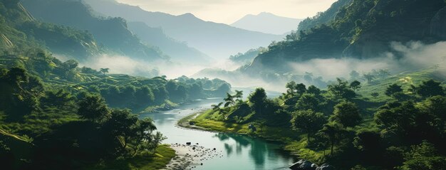 Foto el valle de misty mountain y el panorama del río serene