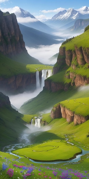 Foto valle de montaña con cascada