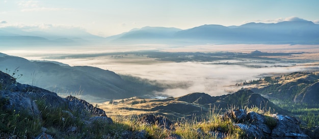 Valle de la montaña en la niebla, luz de la mañana