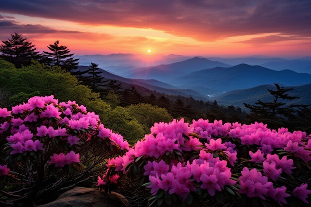 Un valle montañoso lleno de rododendros en flor