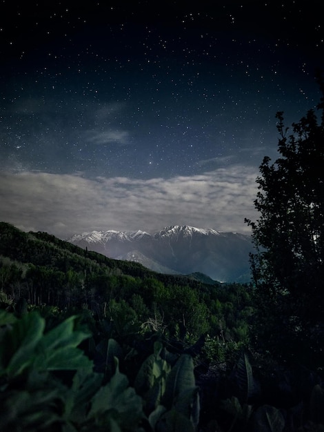 Valle del paisaje de montaña en el cielo nocturno