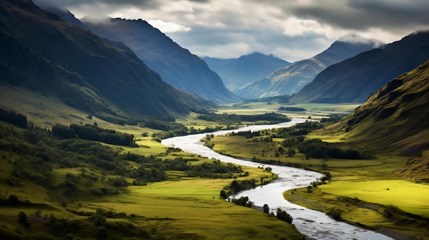 Un valle con un río que lo atraviesa.