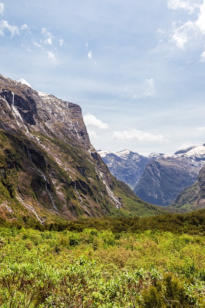 Valle verde y escarpados acantilados en el camino a Fiordland, Isla del Sur, Nueva Zelanda